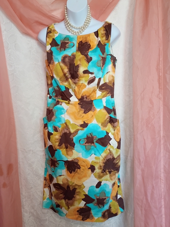 new directions Dresses & Skirts - New Directions Ladies Floral Midi Dress in Turquoise, Mustard & Brown Sz 4